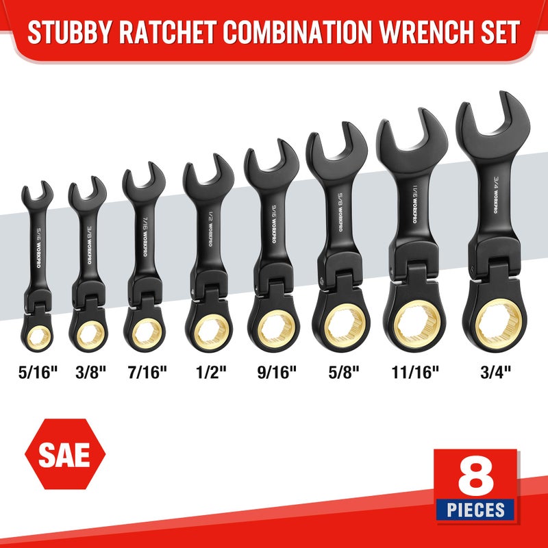 WORKPRO 8-Piece Stubby Anti-slip Ratcheting Combination Wrench Set  SAE 5/16-3/4 in  72-Teeth  CRV  Black Electrophoretic Coating  Flex-Head Wrench Set with Rolling Pouch - Image 5